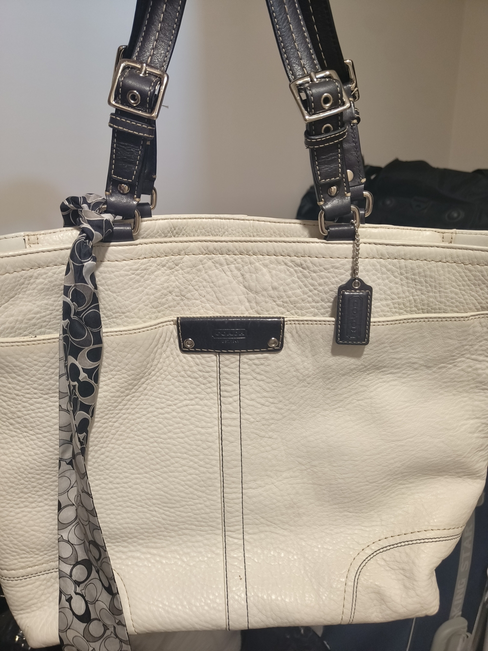 Coach White Pebbled Leather Tote with Contrast Black Trim